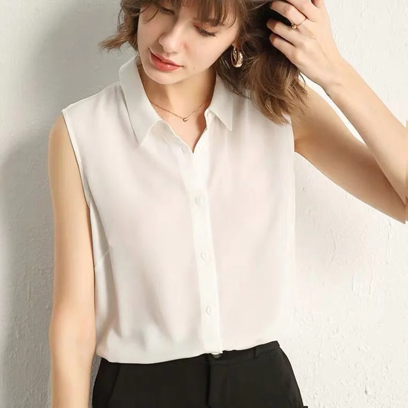 Fashion Solid Color Ventilate Single-breasted Blouse Women Sleeveless Polo Collar Office Casual Loose Temperament Chiffon Shirt