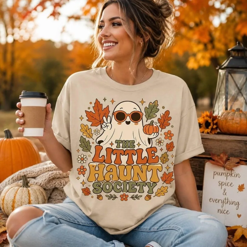 Retro Halloween T-shirt, Halloween Graffiti T-shirt, Cute Pumpkin Halloween T-shirt,Retro Autumn Pattern T-shirt,Cotton Clothing