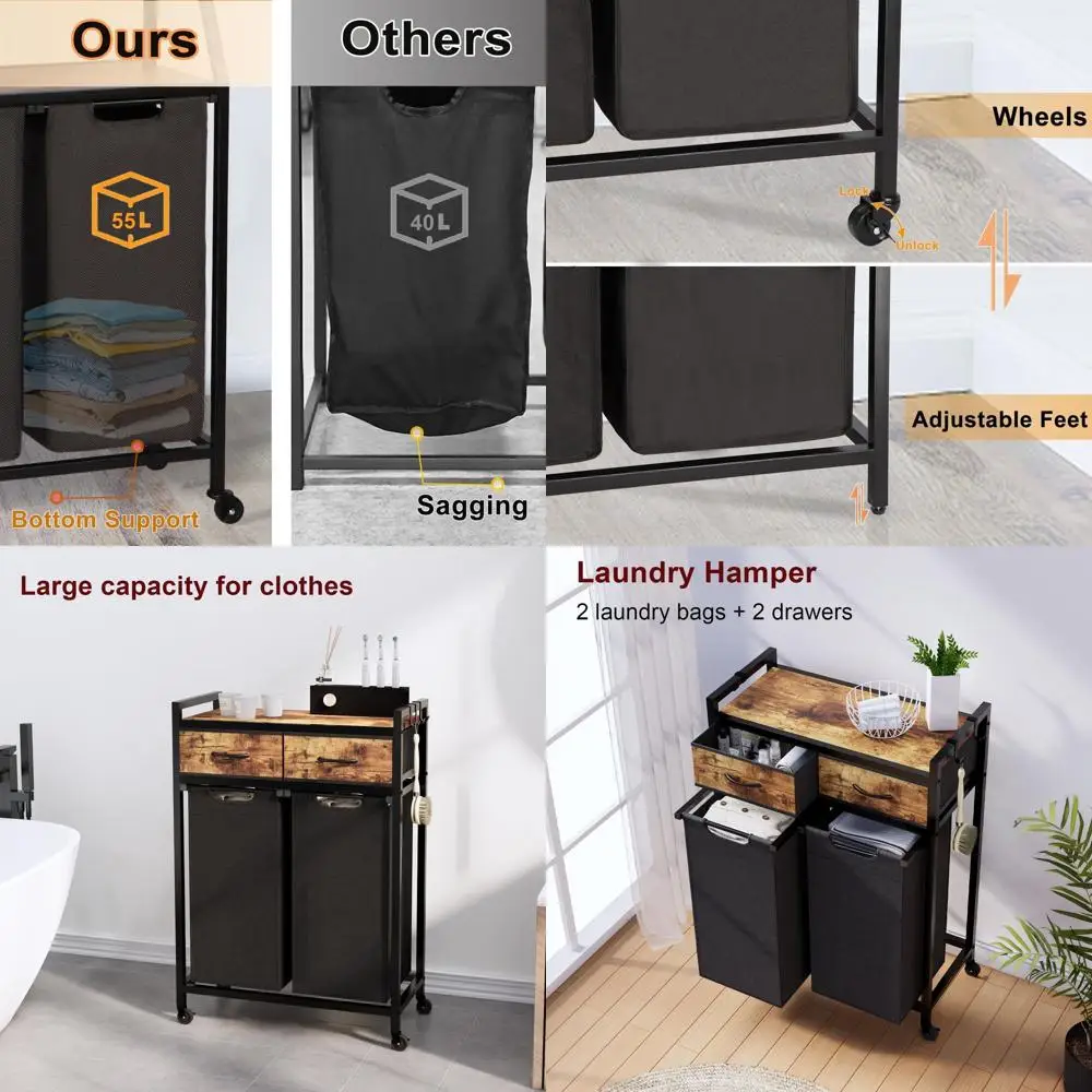 

Dual-Section Rolling Laundry Basket with Wheels and Removable Fabric Drawers, 29 Gal Capacity, Black & Rustic Brown