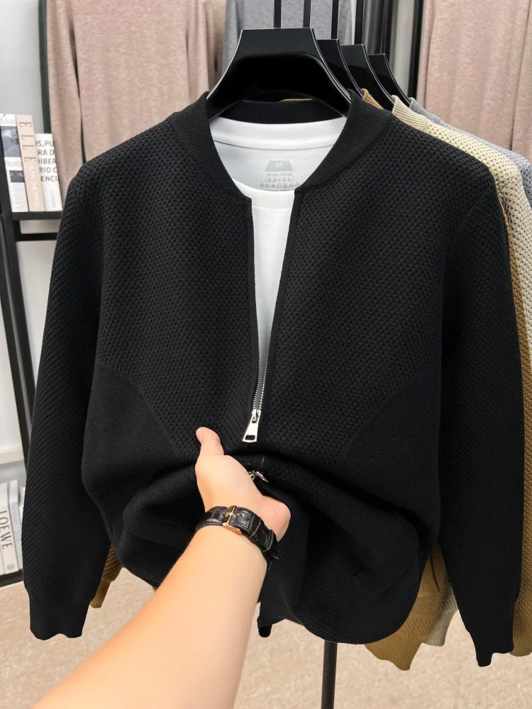 Light luxury double zipper men's sweater cardigan fashion solid color splicing comfort pocket new leisure V-neck knitted coat