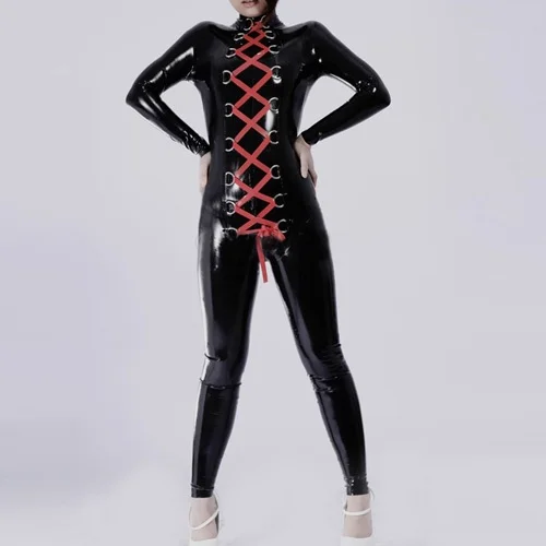 

100% Latex Catsuit Rubber Fitness Red Lace Up Jumpsuit Masquerade Fiesth Anzug Damen Cosplay Bodysuit