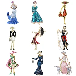 Rhinestone Lady Brooches for Women Unisex Enamel Character Lapel Pins Office Party Friend Gifts Jewelry Accessories Decoration