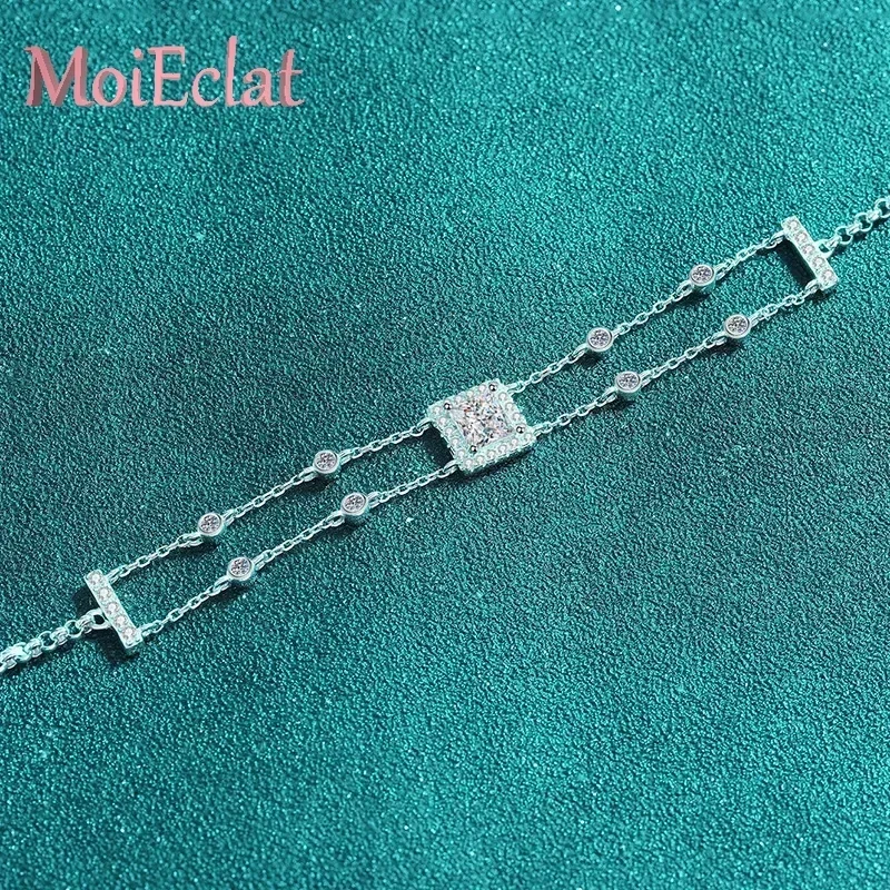 

Luxury 1 Carat Blue Square Moissanite Bracelet, Sparkling Platinum PT950 Double Chain Design Female Wedding Fine Jewelry Gift