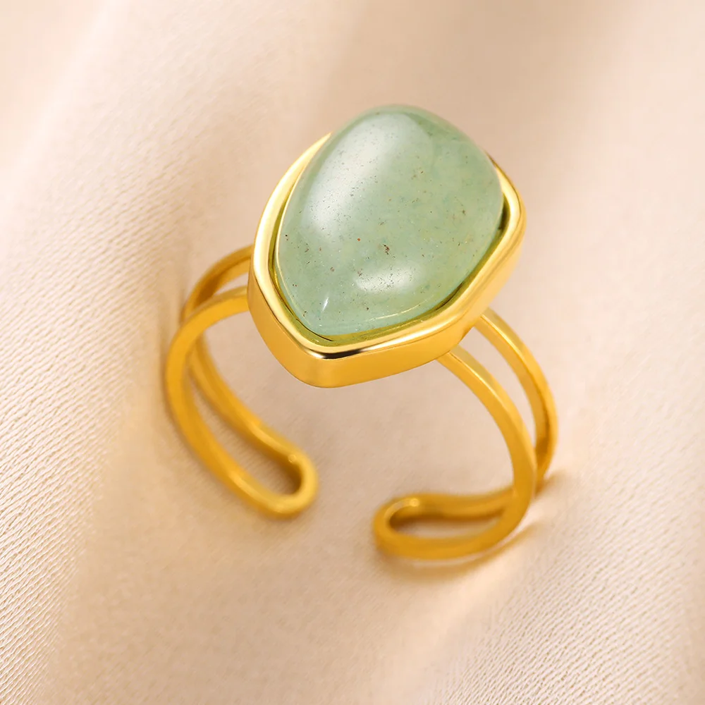 Opening Rings For Women Fashion Natural Stone Gold Color Stainless Steel Ring Vintage Adjustable Finger Jewelry Anniversary Gift