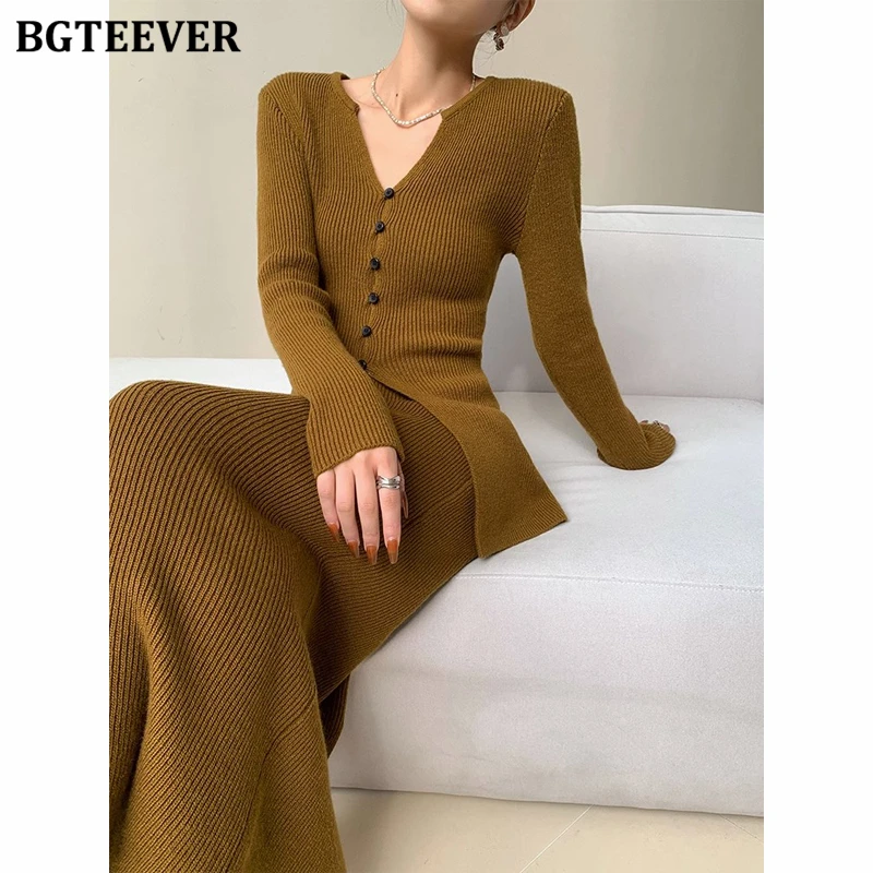 BGTEEVER Autumn Winter Vintage Slim Ladies Skirt Set V-neck Single-breasted Cardigans Sweaters Women Package Hip Skirts