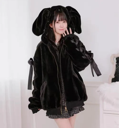 2025 Winter New Japanese Style Soft Girl Cute Bunny Ear Plush Coat Thickened Warm Eco-Friendly Faux Fur Cotton Jacket