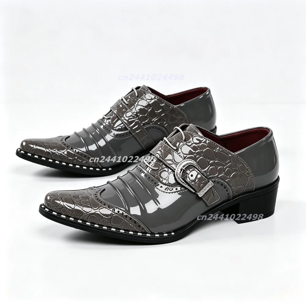 Men's Pointed Toe Monk Strap Dress Shoes Glossy Crocodile Pattern Metal Buckle Chunky Heel Studded Edge Sole Business Loafers