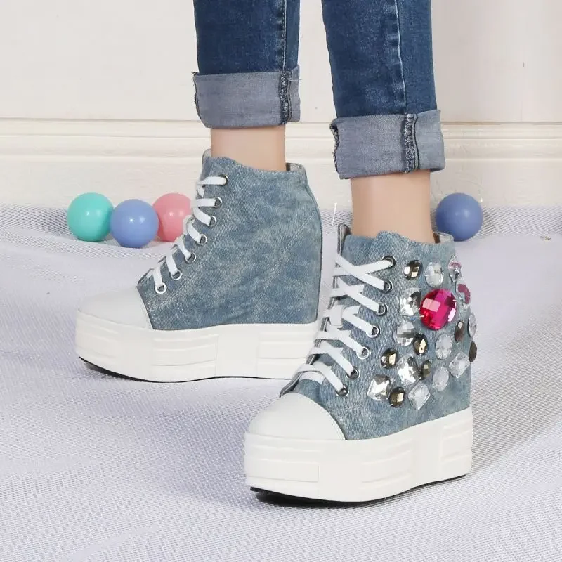 Krasovki 13cm Denim Women Ankle Boots Rhinestone Lace Up Spring Autumn Fashion Platform Wedge Hight Heel Women Fashion Shoes