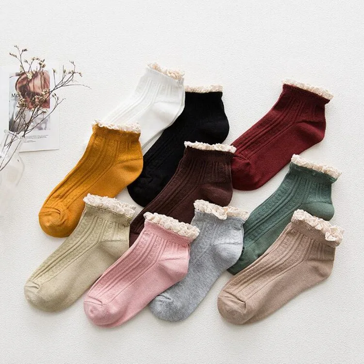 Japanese Schoolgirl Style Retro Lace-Edge Cotton Women Boat Socks Frilly Ruffle Hawaii Invisible Ankle Socks Pink White Black