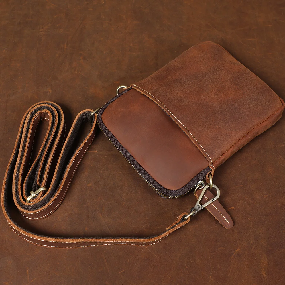 S.WORKER Vintage Echtleder-Umhängetaschen Crazy Horse Handgefertigte Mini-Tasche für Telefon, Karten und Schlüssel – Detail 9