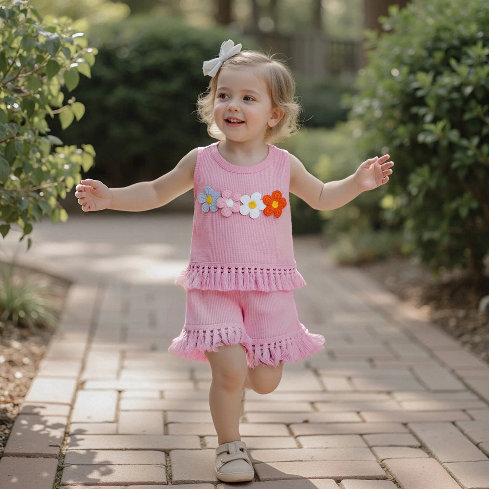 

0-3Y Toddler Girl Summer Outfits Flower Embroidery Tassel Hem Sleeveless Tank Tops Elastic Waist Shorts 2Pcs Clothes Sets