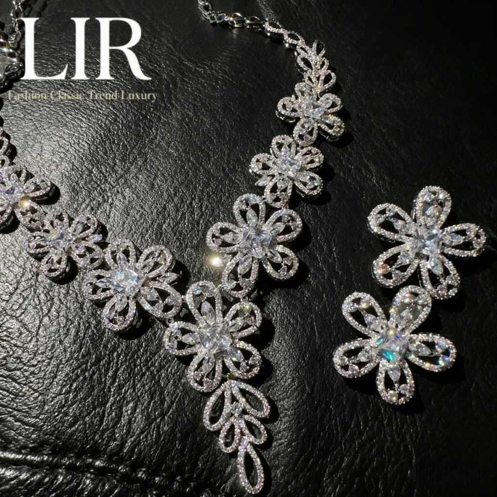 

LIR Women's Custom Jewelry Set: Italian Vintage Blooming Flower Teardrop Gem Necklace, Sparkly Rich Flower Zircon Earrings
