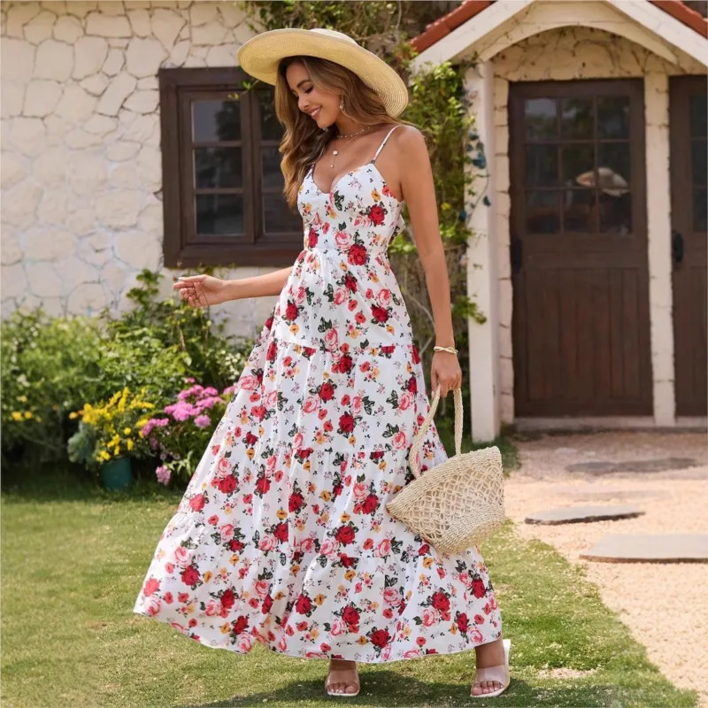 

Sexy Floral Print A-Line Dress Women Elegant Off Shoulder Bow Sleeveless Vestidos Fashion High Waist Pleated Party Long Dresses