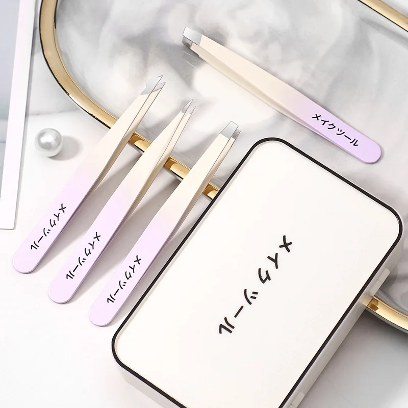 4 Pcs Eyebrow Grooming Tweezers Stainless Steel Thick Edge Accurate Tip Effortless Squeeze Essentials‌ With Mirror box