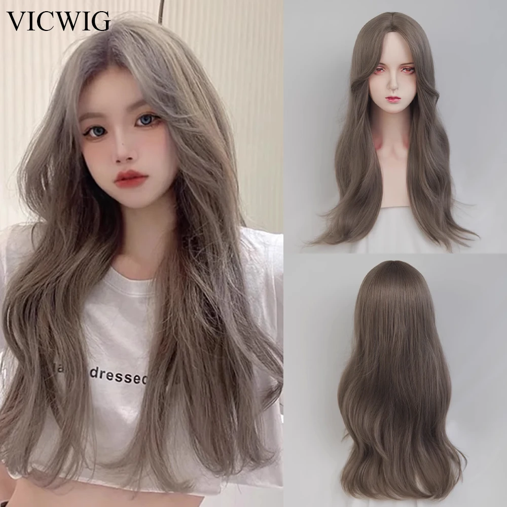 

VICWIG Synthetic Long Straight Wavy Brown Wigs Middle Part Lolita Cosplay Women Natural Hair Wig for Daily Party