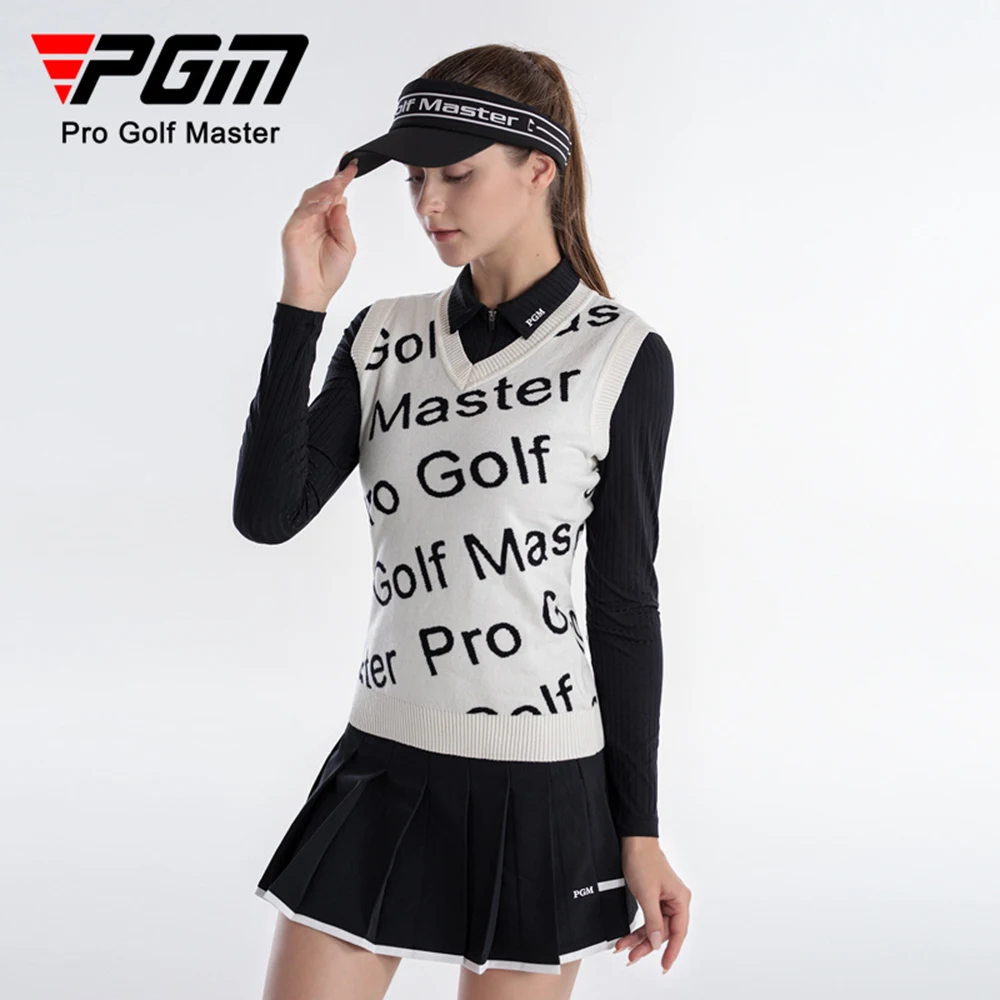 PGM Women\'s Golf Sweater Autumn and Winter Warm Tank Top Letter Embroidered V-neck Vest S-XL White Black