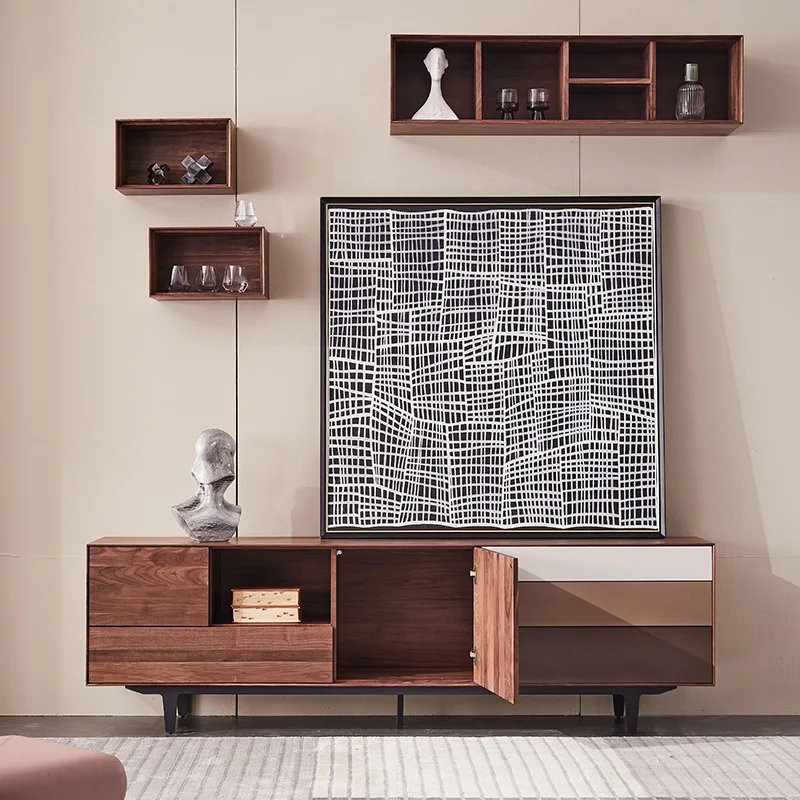 Solid wood TV cabinet coffee table , black walnut small apartment living room household storage side cabinet floor cabinet