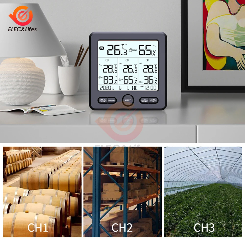 Stacja pogodowa wewnątrz/na zewnątrz bezprzewodowe czujniki cyfrowy termometr higrometr wyświetlacz LED LCD termometr z 3 zdalnymi czujnikami