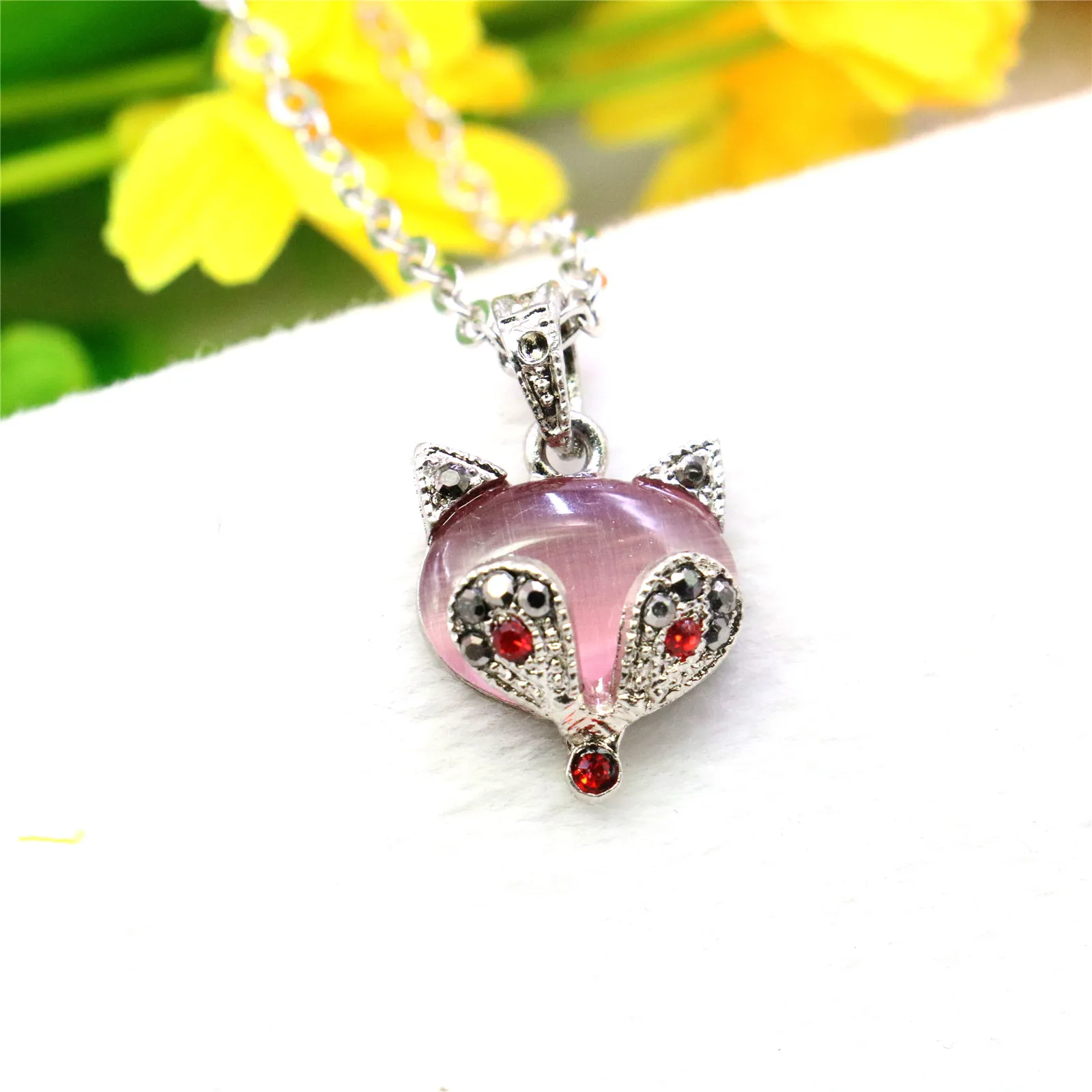 16X20mm Pink Fox Cats Eye Necklace Natural Stone Women Girls Alloy O Chain Neckwear Accessory Jewelry Making Design