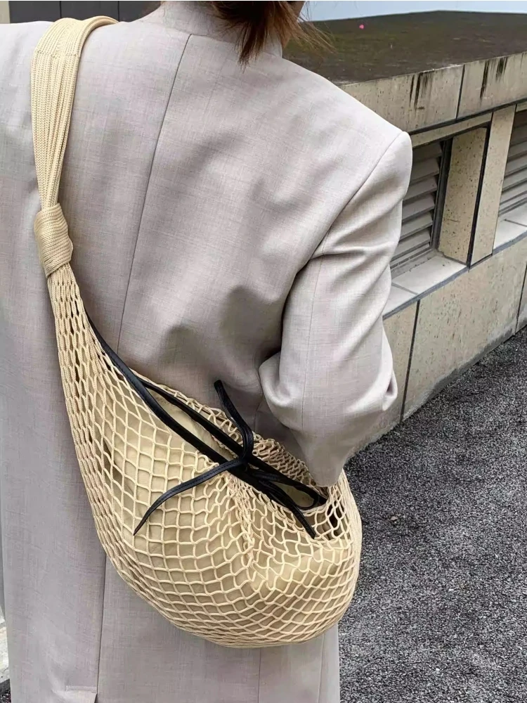 2025 Newest Trendy Runway Shoulder Bag Unisex Popular Hollow Out Mesh Weave Bag Leisure Horn Design Drawstring Net Crossbody Bag