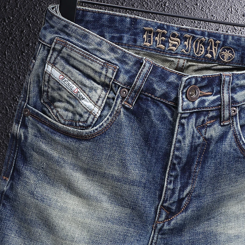 Italian Style Fashion Men Jeans High Quality Retro Blue Slim Fit Vintage Jeans Men Casual Trousers Designer Denim Pants Hombre
