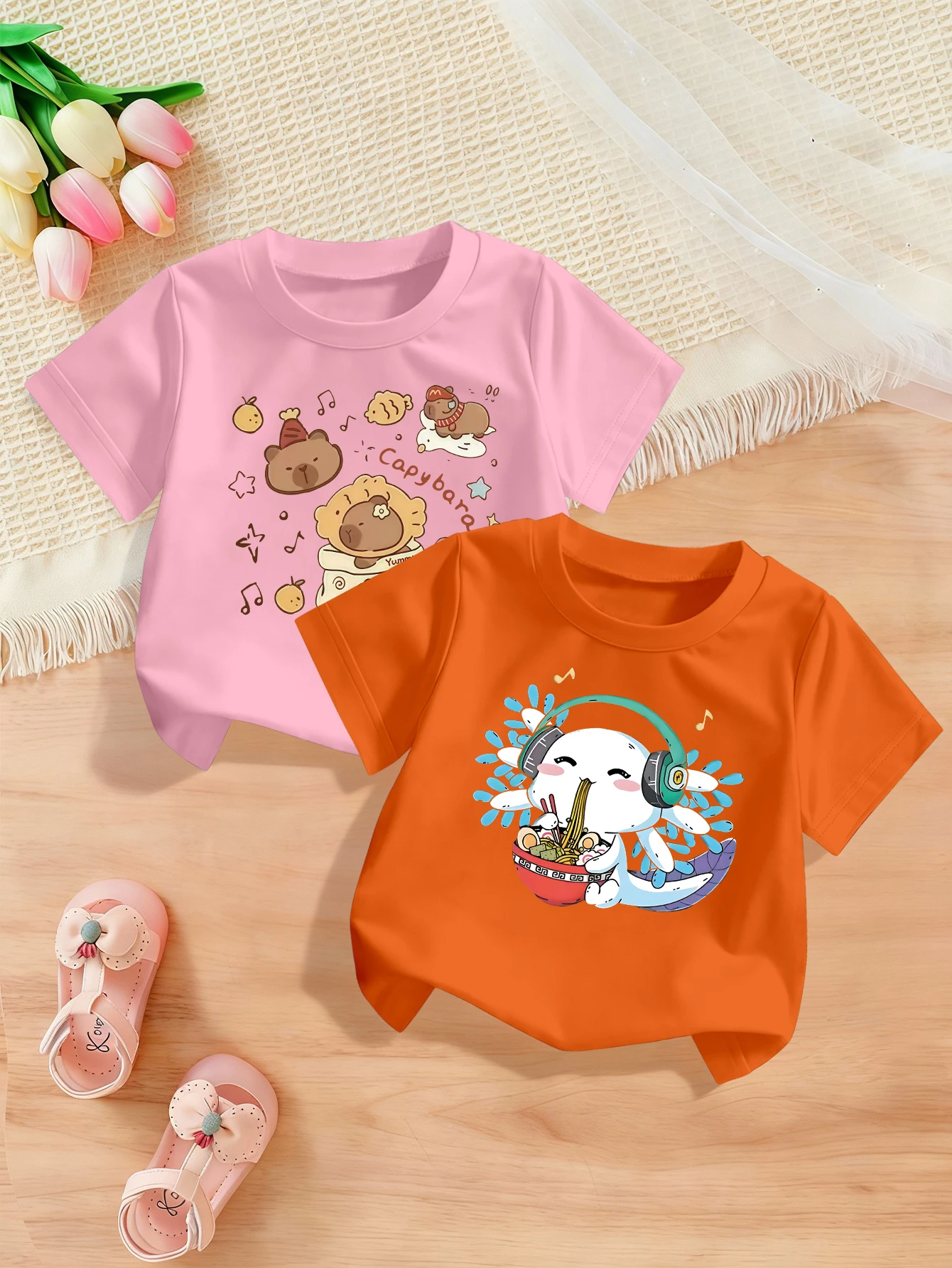 

2 Pieces, Cartoon Capybara, Small Fish Pattern Print, Cute Casual T-Shirt for Girls