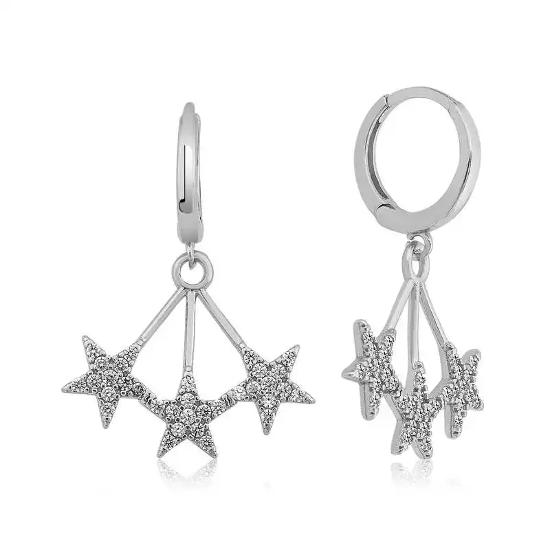 Silver Three Star Earrings Zircon Stone 925 Sterling Women for Jewelry Wedding Party Birthday Gift - Box - Fashion - Girl - Special Days