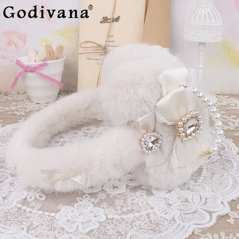 

Оригинальные японские теплые зимние наушники в стиле Лолиты, массового производства, пушистые, с большим сердцем и бантом