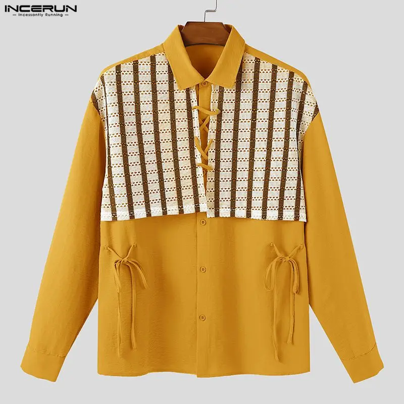 

INCERUN Мужская рубашка в стиле пэчворк со шнуровкой и лацканами с длинным рукавом, свободная мужская одежда, уличная одежда, модные повседневные топы 2025, мужские рубашки S-5XL