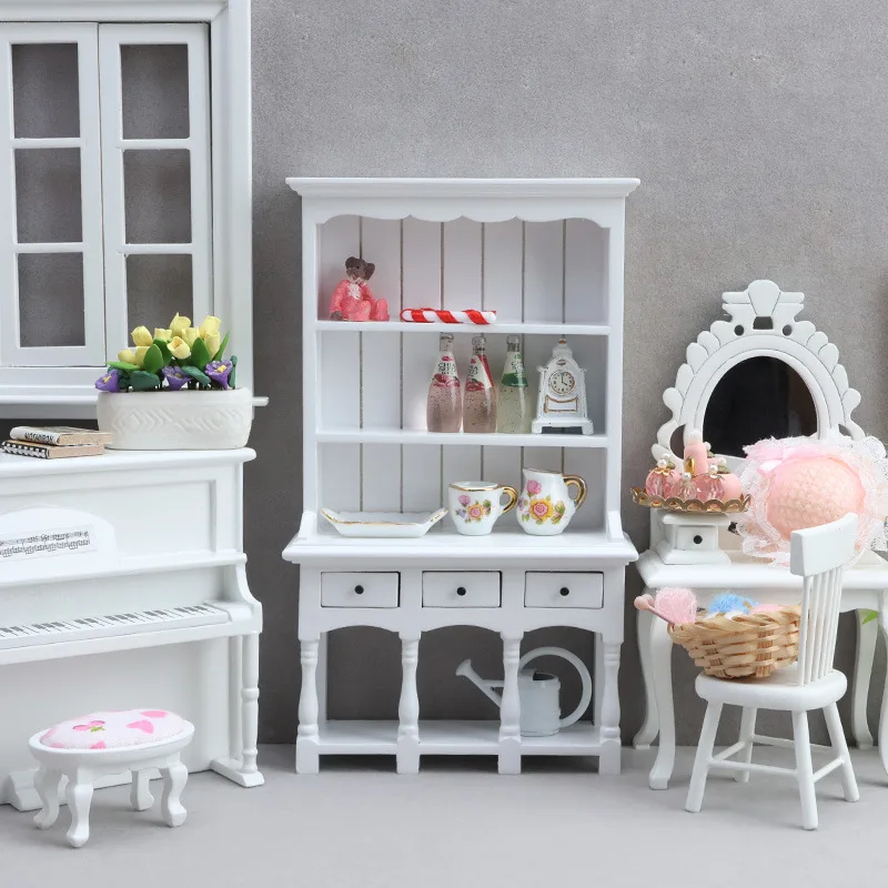 1:12 Dollhouse Accessories Mini Furniture Model Simulation White Wooden Bookcase Kitchen Cabinet Scene Ornament For OB11 Doll