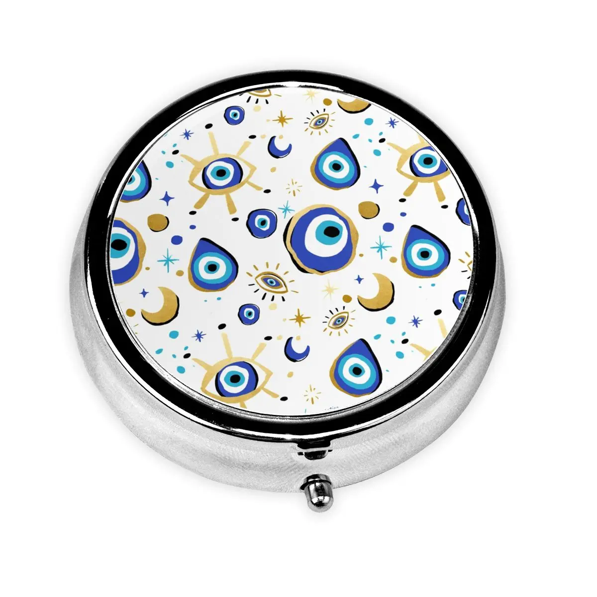 Organizador de pastillas redondo de mal de ojo azul y dorado mediterráneo, amuleto de Hamsa Nazar, caja de medicina bohemia, pastillero, caja de almacenamiento divisores