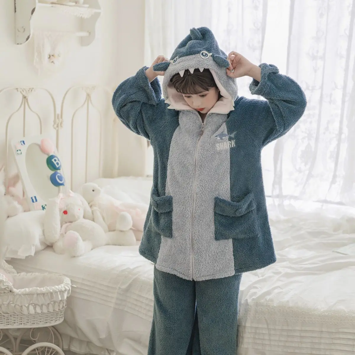 Little Shark Autumn and Winter Warm Lazy Wind Plush Cartoon Cute Sleepwear Set Lolita Pajamas Bloomers Lolita