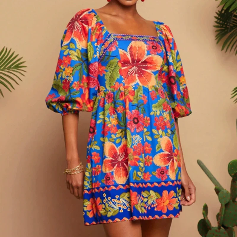 夏エスニックスクエアネック半袖ミニドレスレトロ気質ファッショナブルなプリント折りホリデードレス 2ist A ラインドレス