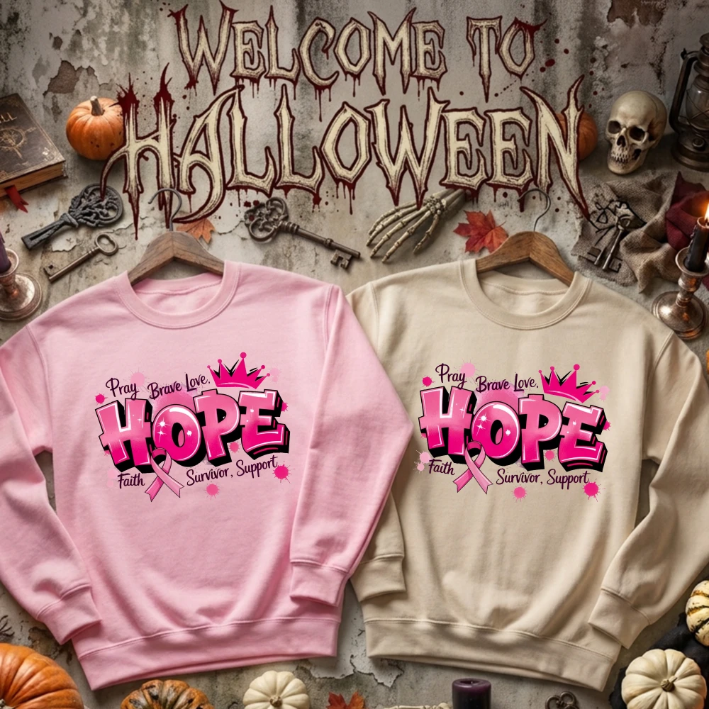 Breast Cancer Awareness Hope Pink Ribbon Graphic Sweatshirt Women Fall Halloween Survivor Support Crewneck Pullover Tops