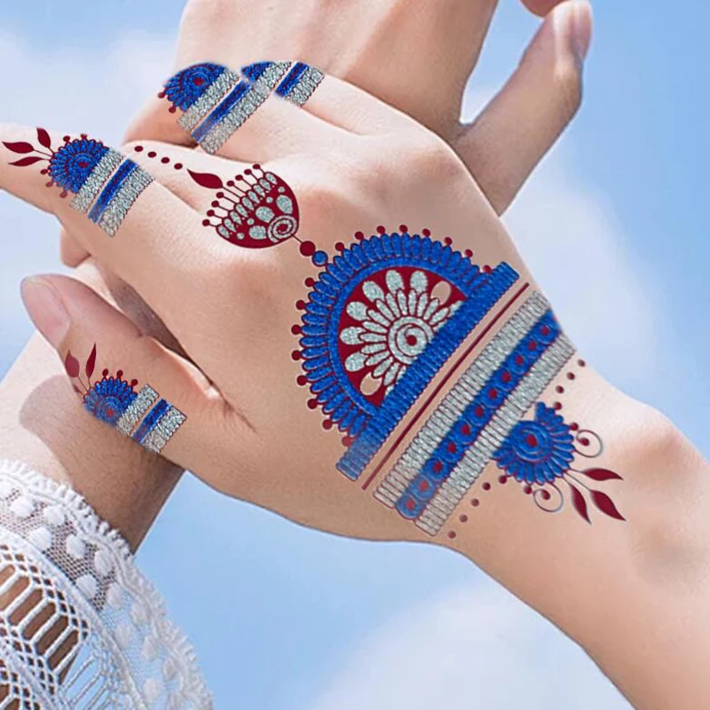 Blue Silver Tattoo Sticker Waterproof Semi Permanent Henna Lace Tattoo Sticker Decals Festival Party Face Body Art Tattoo Decors