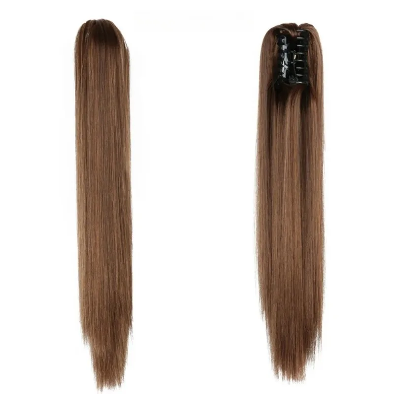 Women Synthetic Claw on Ponytail Clip in Hair Extensions 22inches Straight Style Ponytail Hairpiece Ombre Brown Blonde