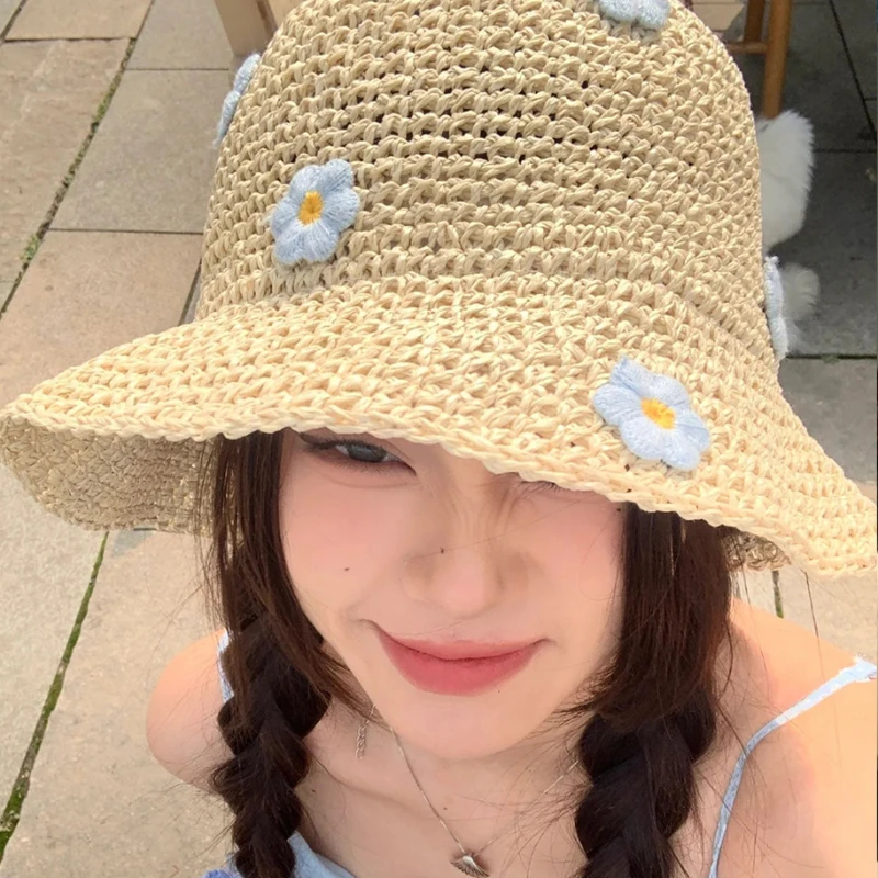 Bohemia Hollow Blue Flower Straw Caps for Women Summer Seaside Vacation Sun Protection Sun Hat Summer Sense Beach Bucket Hat