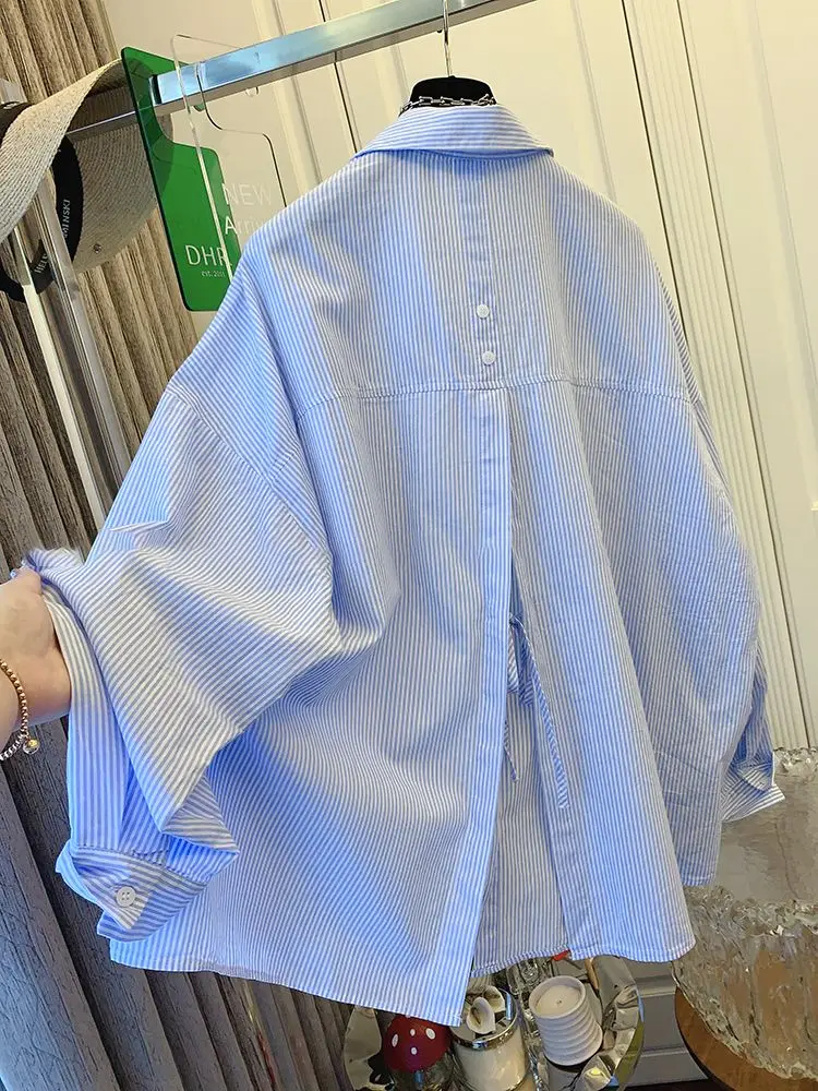 

Blue Striped Long Sleeved Shirt Women 2025 Early Autumn New Cardigan Tops Y2k Lapel Neck Single Breasted Blusas Mujer