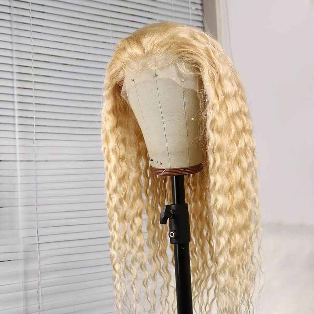 Wig sintetis pirang Wig panjang dalam keriting 13X4 renda depan untuk wanita Wig sintetis garis rambut alami pesta Cosplay