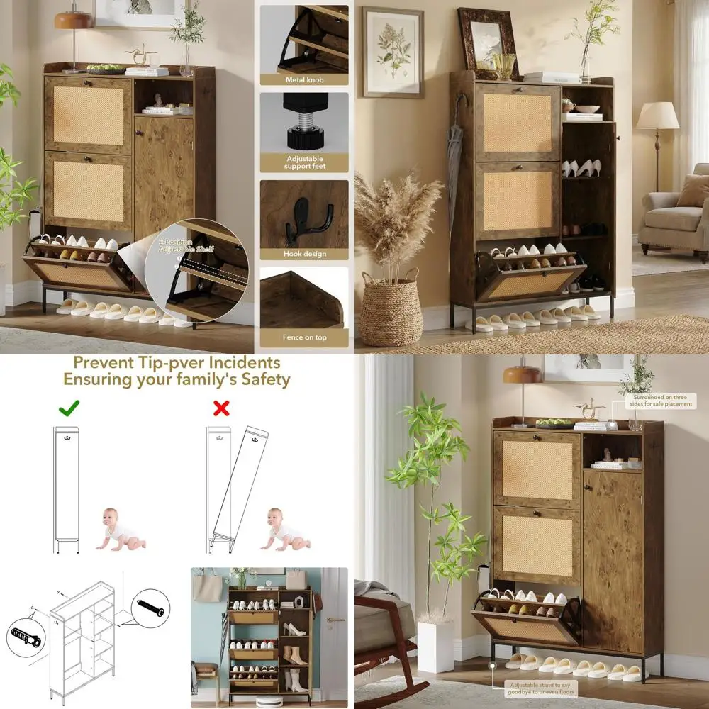 Freestanding Wooden Shoe Cabinet with 3 Drawers, Adjustable Shelves, and Metal Knobs for Slim Storage in Entryways and Living Ro