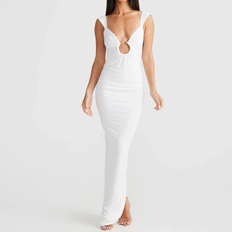 2025 Women's Clothing Fashion Suspender Sexy Low-cut Backless Slim Split-ended Temperament Dress vestidos femininos frete grátis