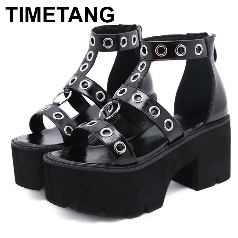 

Black Punk Gothic Platform Sandals Open Toe Buckle Strappy Women Summer Shoes Sexy Rivets Thick Heels Footwear Drop Ship