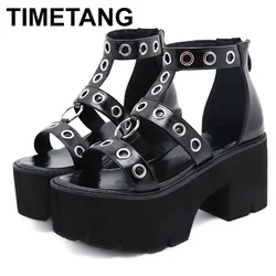 Black Punk Gothic Platform Sandals Open Toe Buckle Strappy Women Summer Shoes Sexy Rivets Thick Heels Footwear Drop Ship