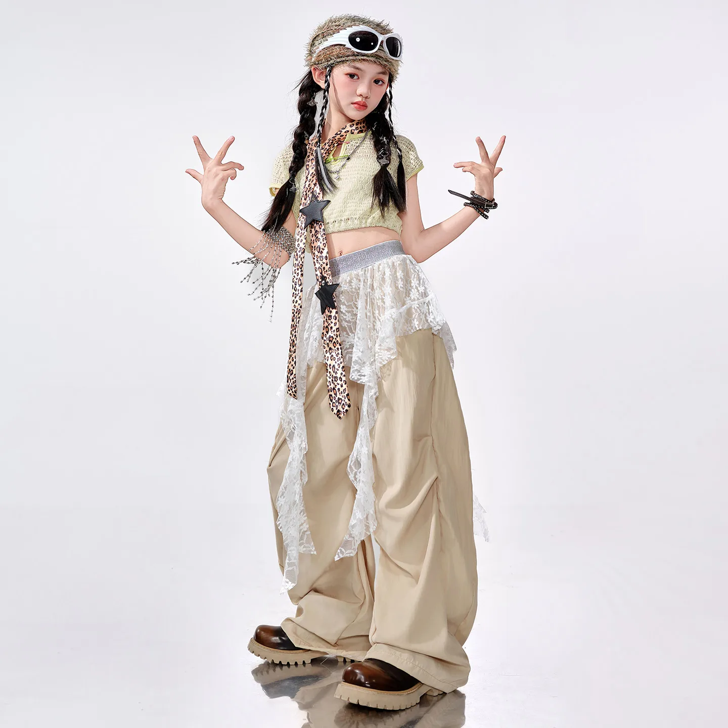 女の子ヒップホップ服クロップメッシュカーゴジョガーパンツキッズK-POPルーズパンツストリートダンス服セット子供ガールズグループコスチューム
