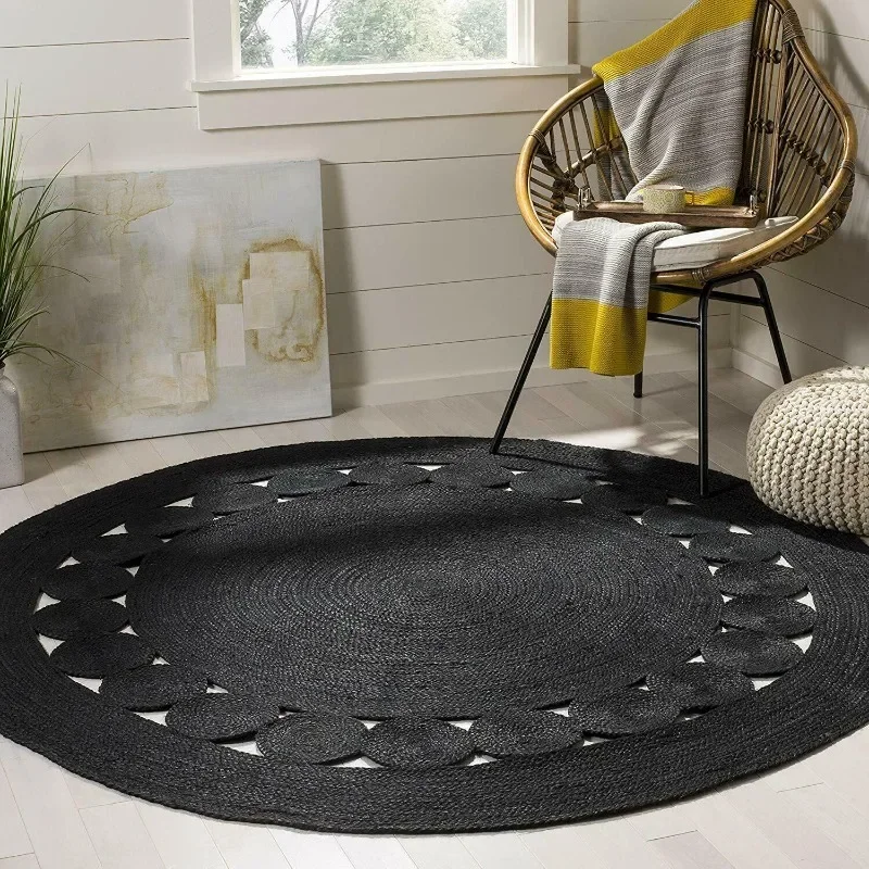 

Round Rug Natural Jute Area Carpet Rustic 100% Handmade Rug Braided Black Rug