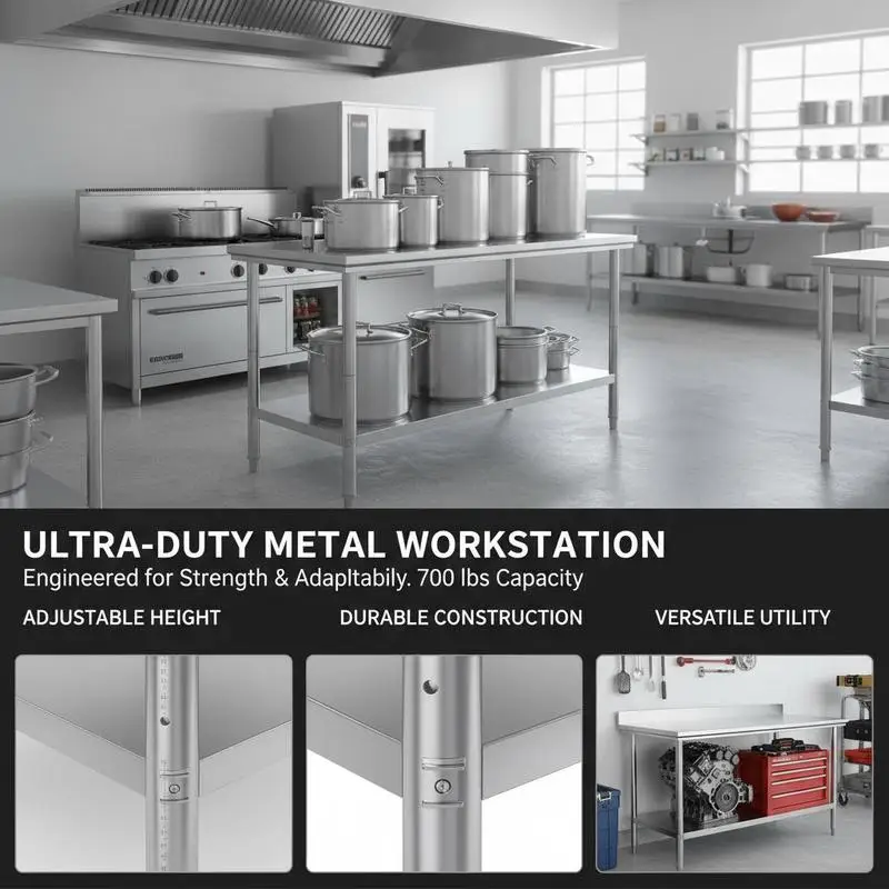 Metal Workstation 900x600x800 Mm for Kitchen Garage Restaurant, 700 Lbs Load Capacity Heavy Duty Adjustable Height Levels Commercial Prep Table - view 6