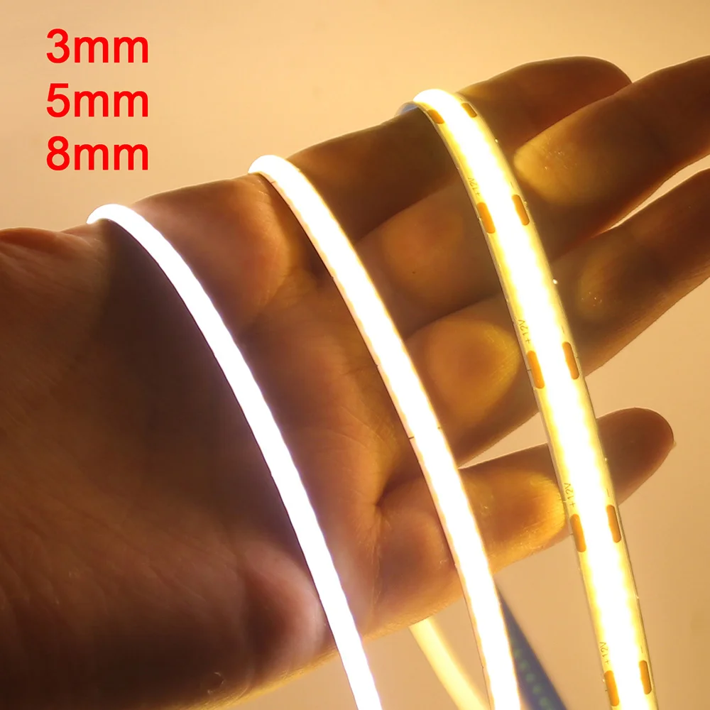 12V 24V 5V COB LED Strip 3mm 5mm PCB Ultra sottile luce 320LED 8mm CRI90 nastro LED flessibile luminoso per l'illuminazione della fodera domestica dell'armadio