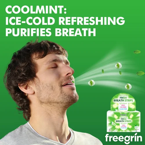 Imagen 2 del producto FREEGRIN - Refrescante Bucal con Sabor a Menta, Paquetes Portátiles de Menta Fresca, Tiras Disolubles para el Aliento, Tiras para un Aliento Fresco al Besar