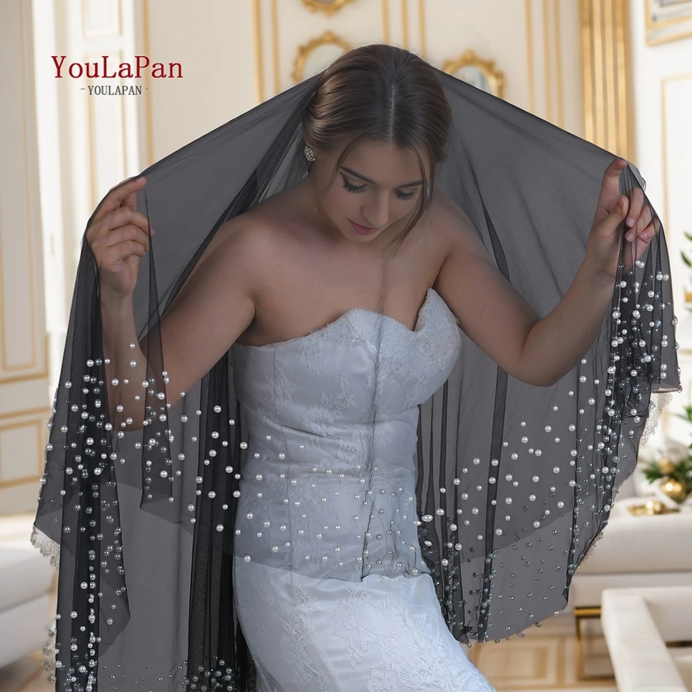 YouLaPan Zwarte Tule Parel Bruidsaccessoire Zwarte Glitter Sluier Bruiden Bruiloft Vestidos Novias Boda Boda Accesorios Fiesta v228