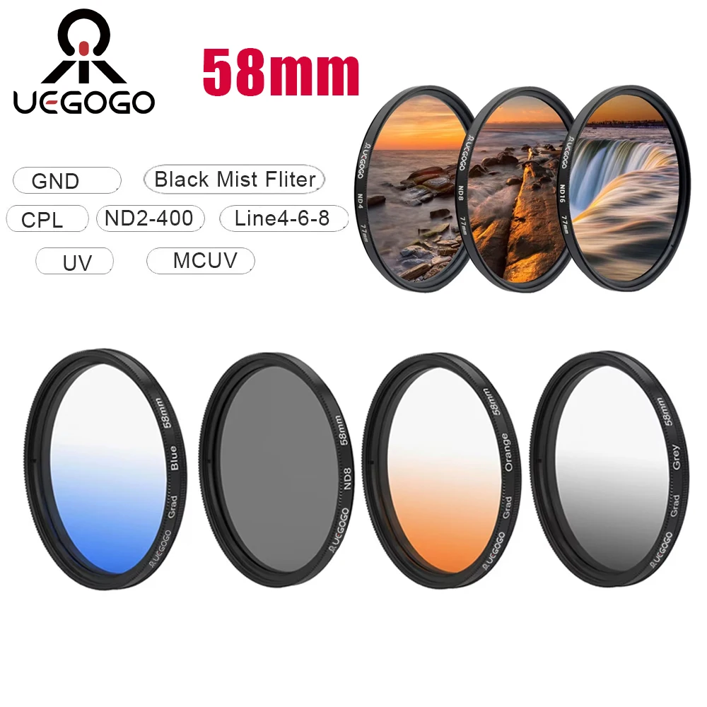 

UEGOGO 58mm Filter Gradient GND Red GrEy CPL/UV/MCUV ND2-400/Soft Focus Black Mist Diffusion Star Line 4 6 8 Camera Lens Filter